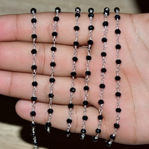 3mm Black Faceted Glass Bead Rosary Chain, 925 Sterling Silver Wire Wrapped, Handmade Jewelry Making Supply, DIY Beaded Chain By Foot