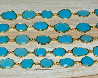 Aqua Chalcedony Faceted Gemstone Bezel Chain ,Gold Plated Aqua Chalcedony Connector Chain rosary Connector Chain ,Jewelry making Bezel Chain