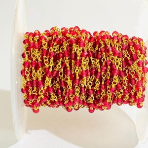 Red Ruby Hydro Rosary Chain, 3mm Faceted Beads, Brass Wire Wrapped Chain, Bulk Roll Beaded Chain for Jewelry Making & Crafts