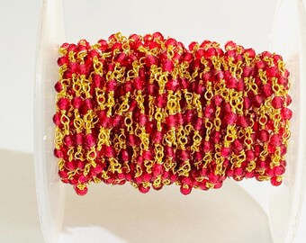 Red Ruby Hydro Rosary Chain, 3mm Faceted Beads, Brass Wire Wrapped Chain, Bulk Roll Beaded Chain for Jewelry Making & Crafts