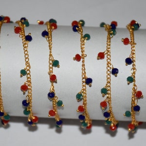 1 - 100 feet, Red green blue glass beads cluster rosary chain, beaded beads chain, dangle chain, body chain, 3mm beads belly chain, rosary
