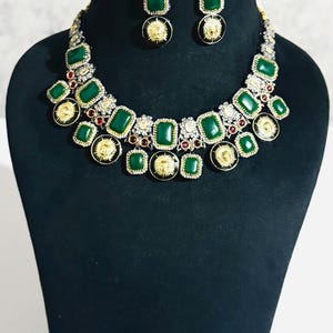 Green Monalisa Stone Statement Necklace Set with Earring & Black Plated Choker, Indian Bridal Party Jewelry, Kundan Style Ethnic Jewelry Set