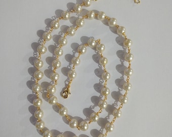 Pearl Beads Rosary Style Necklace, 8mm Glass Pearl Beaded Necklace, Gold Plated Chain Necklace, Dainty Handmade Jewelry, Gift for Her