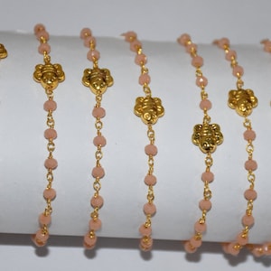Gold Plated Pink Opal peach glass beads Rosary Chain, Beaded beads rosary, craft Chain, 3mm faceted beads Rosary, chain for Jewelry Making