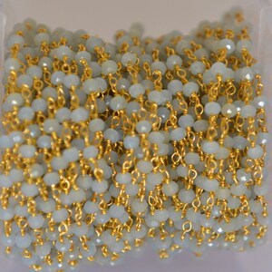 3mm Blue chalcedony faceted glass beads rosary chain, Beaded rosary, blue Rondelle beads bulk roll, gold plated rosary, craft chain, rosary