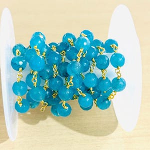 8mm Blue chalcedony jade gemstone beads rosary chain, beaded beads rosary, jade gemstone rondelle beads bulk roll chain, craft jewelry chain