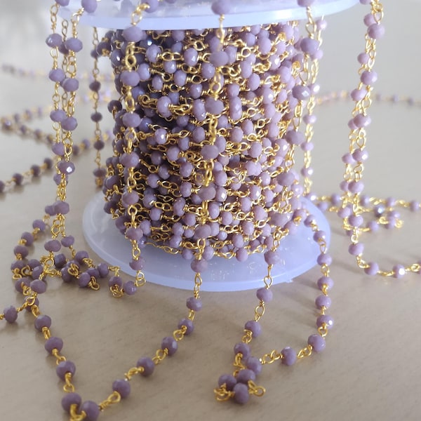 3mm Lavender faceted glass beads rosary chain, Rondelle bead Rosary, Beaded Rosary, lavender beads bulk roll, craft chain for jewelry making