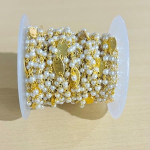 1-100 Feet Pearl beads & brass charms rosary chain, 3mm pearl beads bulk roll chain, Rosary Chain, Beaded rosary, chain for Jewelry Making