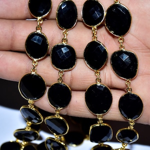 Black Onyx Bezel Gemstone Bezel Chain, Gold Plated Black Onyx oval Connector Chain, rosary Connector body Chain ,Jewelry making Bezel Chain