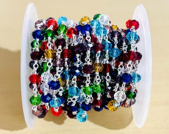 6mm Multi color crystal faceted beads beaded rosary chain, Wire wrapped Chain, bulk roll chain, jewelry making body chain, chain by foot