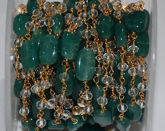 Cristal transparent et chaîne de chapelet ovale vert émeraude, chaîne de rouleau en vrac de perles, chapelet de perles, chaîne de corps, chaîne de chapelet pour trouver des bijoux