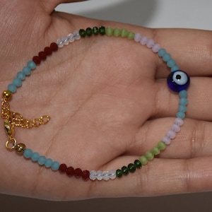 Blue Evil Eye Bracelet, 7 Chakra Adjustable Bracelet, Handmade 3mm Bead Bracelet, Spiritual Protection Jewelry, Gift for Her