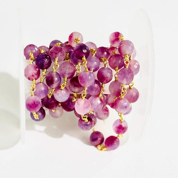Purple Watermelon tourmaline jade gemstone beads rosary chain, beaded rosary, 8mm jade rondelle beads bulk roll chain, craft jewelry chain