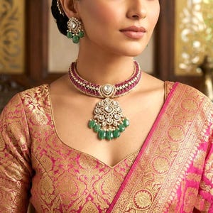 Sabyasachi Inspired Kundan Bridal Necklace Set, Ruby & Emerald Polki Choker with Earrings, Indian Wedding Jewelry, Statement Choker Set