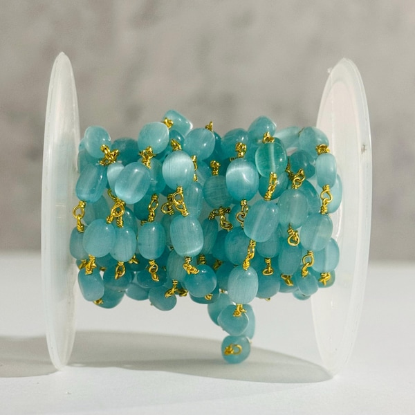 Aqua Chalcedony Oval Monalisa beads Rosary chain, Brass Wire Beaded Crystal Rosary, 4-8mm beads Craft bulk Roll, Rosary for jewelry making