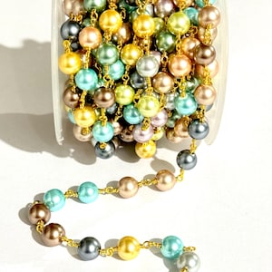 8mm Multi Shell Pearl Rosary Chain by Foot, Handmade Beaded Chain, Brass Wire Wrapped Jewelry Making Bulk Chain, Craft jewelry making Supply
