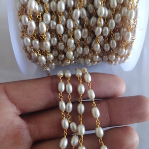 3-7mm Rice Pearl Beaded Chain, Gold Plated Brass wire Rosary Chain, Rice Pearl Stone Wire Wrapped Chain, Craft Jewelry Making Supplies