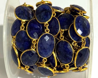 Lapis Lazuli Faceted Oval Bezel Connector Chain, 13x16mm Natural Gemstone, Brass Wire Wrapped Beaded Chain by Foot for Jewelry Making