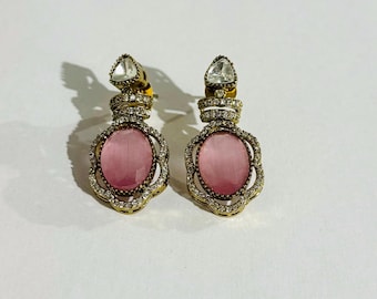 Pink Monalisa Gemstone Earrings, AD Rainstone Polki Indian Jewelry, Bridal Earrings, Bollywood Statement Earrings, Gift for Her