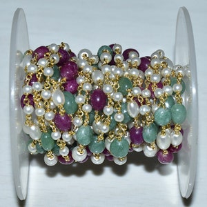 Gold Plated Gemstone Beaded Rosary Chain – Emerald, Ruby, Pearl (3-4mm), gold plated gemstone rosary chain