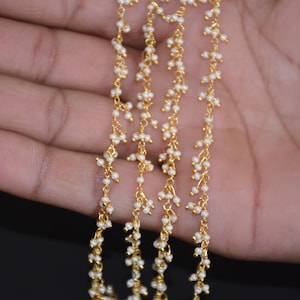 Gold Plated Peral beads Cluster Rosary Chain, Beaded Chain, Dangling Cluster chain, 2mm Miyuki bead chain, Bulk Roll belly Chain, Body chain