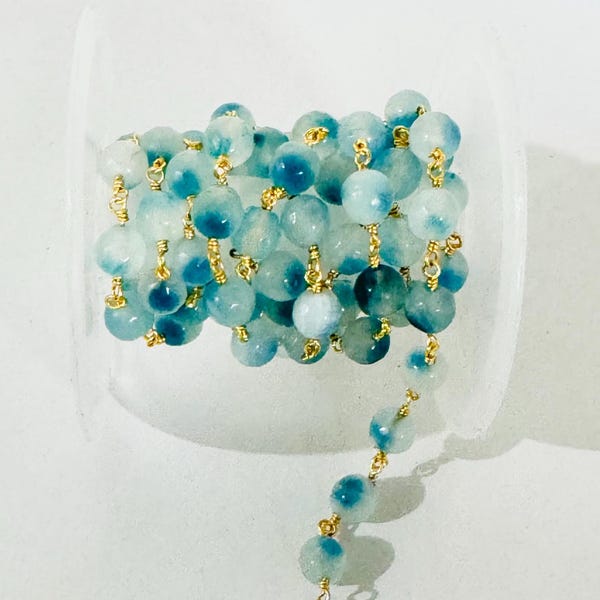 8mm Sky blue jade gemstone beads rosary chain, handmade beaded rosary, sky blue jade faceted rondelle beads bulk roll chain, chain by foot
