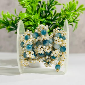 8mm Sky Blue Jade & 3mm Pearl Beaded Thick Rosary Chain, Beads Bulk Roll, Handmade Jewelry Supplies, Gold Plated Cluster Dangle Grapes Chain
