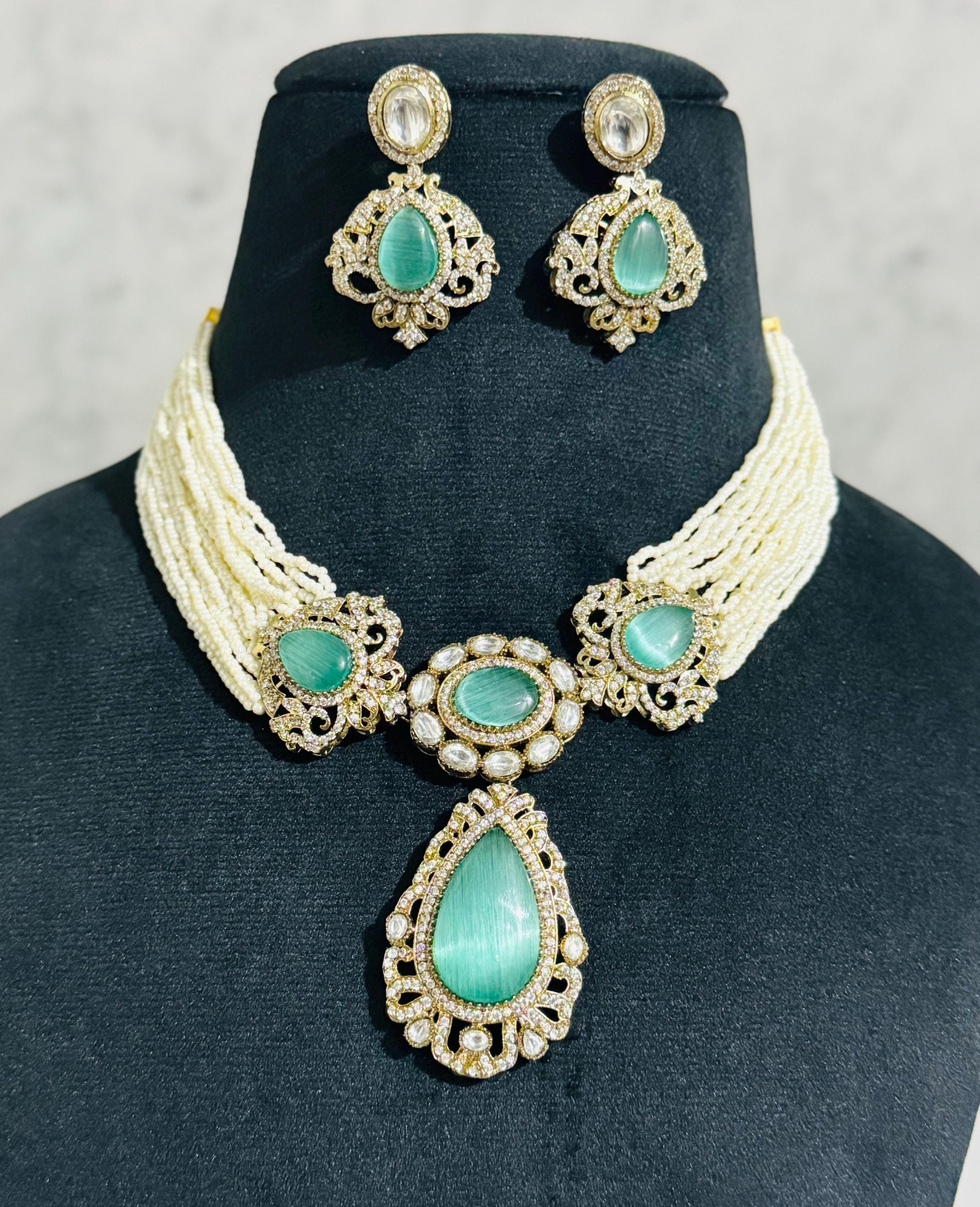 Mint Green Monalisa Beads Necklace Set with Earrings, Polki & AD Stone Choker, 2mm Pearl Beads Jewelry, Indian Bridal Jewelry