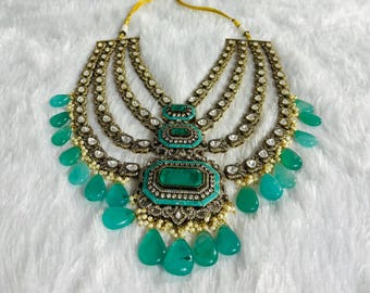 Moissanite Kundan Polki Luxury Necklace Set, Sabyasachi Inspired Layered Long Emerald Necklace, Indian Bridal Jewelry