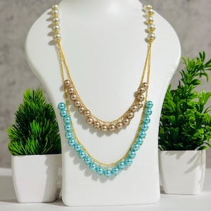 Double Layer Pearl Rosary Necklace – Elegant 6x10mm Shell Pearls & Glass Beads, Gold-Plated Brass Wire Wrapped Chain Necklace