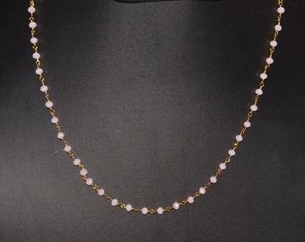 4mm Rose Quartz Faceted Glass Beads Necklace, Gold Plated Rosary Style, Dainty Handmade Jewelry, Lovely Gift for Her, Beaded Necklace