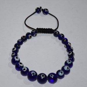 Blue Evil Eye Beaded Bracelet: Black Thread Adjustable Protection Amulet