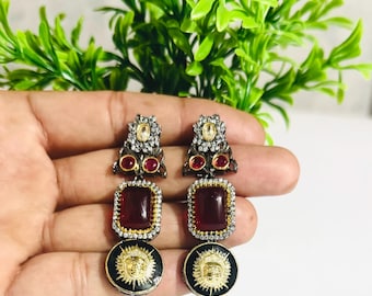 Red Gemstone Polki Earrings | Kundan Style Indian Bridal Jewelry | Statement Ethnic Dangles | Festive Wedding Gift for Her, Long Earrings