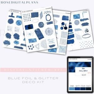 Blue Foil and Glitter Deco Digital Sticker Book, Set 112,Digital Planner Stickers, Pre cropped PNG, Goodnotes Sticker Book,RoseDigitalPlans