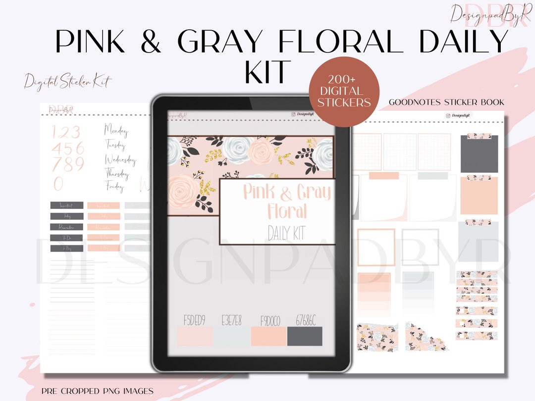 Pink Floral Digital Sticker Book, Digital Sticker Kit, Pre Cropped PNG ...