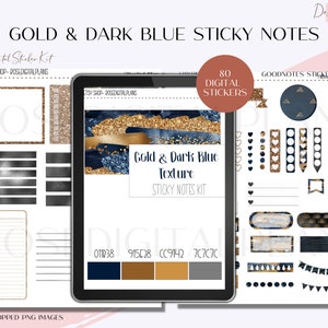 Gold & Dark Blue Digital Sticky Notes Digital Planning, Digital Planner Sticker Kit, Pre cropped PNG,  Goodnotes 5 Sticker Book