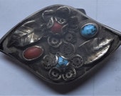 Vintage Navajo belt buckle with turquoise and Coral. 1950s vintage.