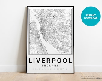 Liverpool City Map Instant Download for Print - Liverpool Wall Art - Liverpool Roads Map - Merseyside digital download Minimalist Monochrome