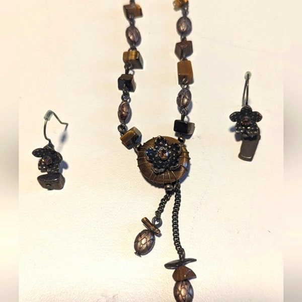 Vintage Nina Ricci for Avon Tiger's Eye Lariat Necklace & Earrings Matching Set