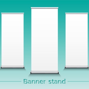 May include: Three white blank banner stands on a teal background. The stands are all the same size and shape, and they are arranged in a row. The text "Banner stand" is written below the stands.