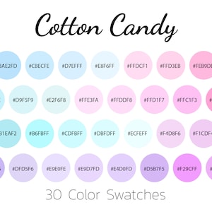 Puede incluir: Una paleta de colores de 30 tonos de azul, rosa y morado, etiquetados con sus códigos hexadecimales. El título "Cotton Candy" está escrito en cursiva negra en la parte superior de la imagen.