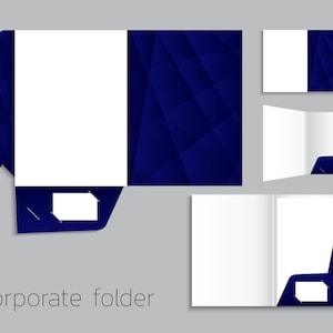 Könnte beinhalten: Ein blauer Firmenordner mit einem geometrischen Muster auf der Vorder- und Rückseite. Der Ordner ist geöffnet, um das Innere zu zeigen, das weiß ist. Der Ordner hat eine Tasche auf der Innenseite für Visitenkarten oder andere Dokumente. Der Text "Corporate folder" ist unter dem Ordner gedruckt.