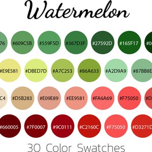 Pode incluir: Uma paleta de cores de 30 tons inspirados em melancia. As cores variam de verde escuro a rosa claro e vermelho, com alguns tons de amarelo e marrom. As amostras de cores estão dispostas em uma grade de quatro linhas e oito colunas. O texto "Watermelon" está escrito em uma fonte decorativa na parte superior da imagem. O texto "30 Color Swatches" está escrito na parte inferior da imagem.