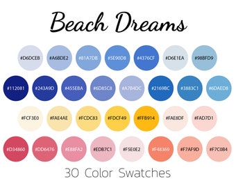May include: A color palette chart titled Beach Dreams featuring 30 circular swatches arranged in four rows. The swatches display various shades of blue, yellow, orange, and pink, each labeled with its corresponding hexadecimal color code.