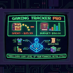 Gaming MicroTransaktions Tracker | Retro 8-Bit Spending Log, IAP Budget Tool, Html Finanzierungs-Dashboard