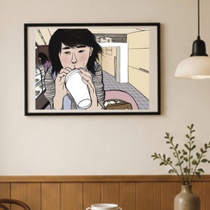 No.002 Woman Drinking Coffee Illustration: Waiting for Friend, Cafe Scene (Digital Art)