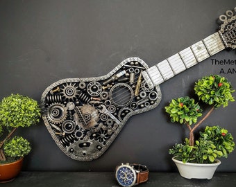 Decorative guitar handmade with scrap metal car parts, nuts, bolts, metal strings