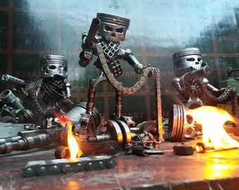 Kolben Roboter Figur aus Schrottmetall Autoparts Kolben Schädel Narbe Kette Revolverheld Soldat handgemacht