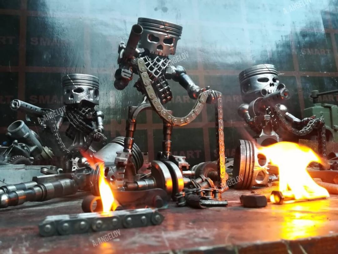 Piston Robot Figurine Made of Scrap Metal Autoparts Piston