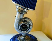 Turbo night lamp, turbine, turbocharger, essure plate, blue grey lamp made of scrap car parts